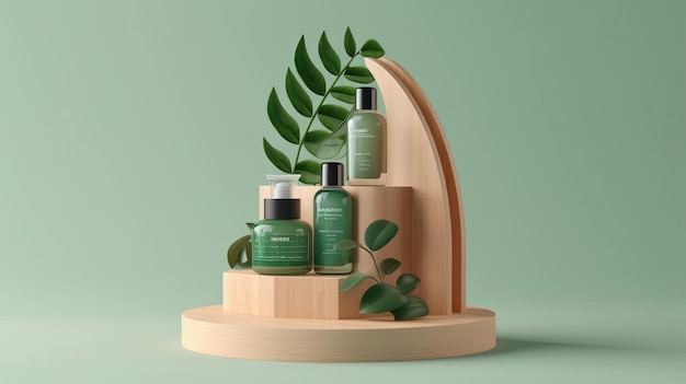 Uma prateleira com uma garrafa verde de produtos de spa.