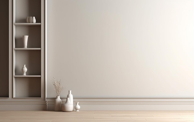 Uma prateleira com vasos em uma sala com uma parede branca.