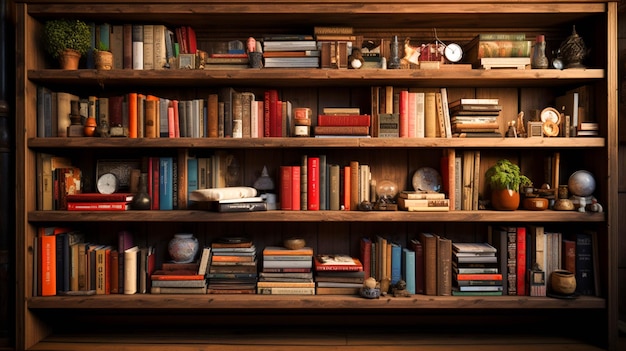 Uma prateleira de livros com livros nela em uma sala de biblioteca