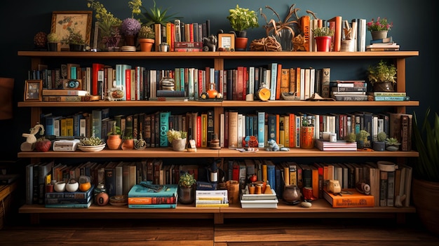 Uma prateleira de livros com livros nela em uma sala de biblioteca