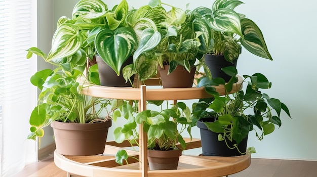 Foto uma prateleira de madeira com diferentes tipos de plantas.