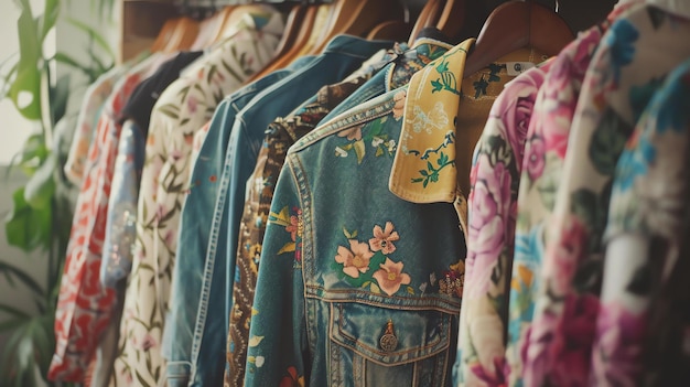 Foto uma prateleira de roupas coloridas com estampas florais em uma boutique vintage as roupas são feitas principalmente de algodão e linho
