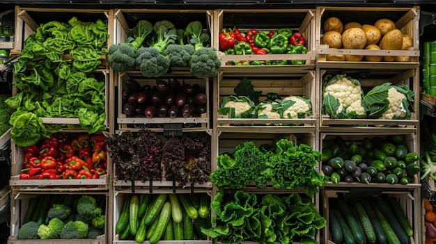 Uma prateleira de supermercado bem organizada exibindo uma variedade de legumes orgânicos frescos