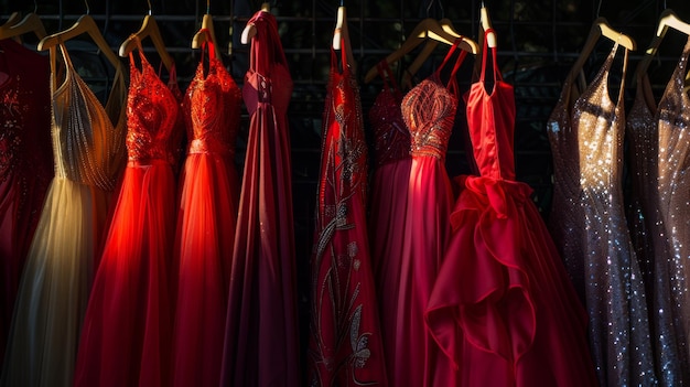 uma prateleira de vestidos de baile vibrantes, incluindo tons de vermelho e dourado, são lindamente exibidas