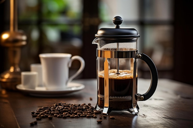 Uma prensa francesa com chá preto ou café expresso sobre uma mesa de madeira Generative Ai