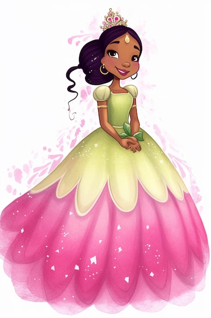 Foto uma princesa de desenho animado em um vestido verde com um vestido rosa generativo ai