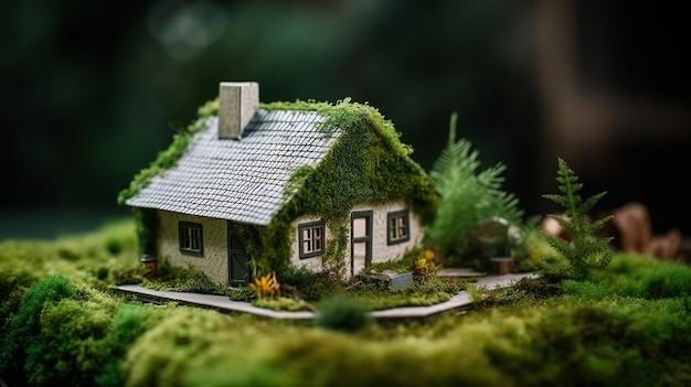Uma privada de papel assentada em uma cama de vegetação em uma aparência de uma casa ecologicamente correta Recursos criativos gerados por IA