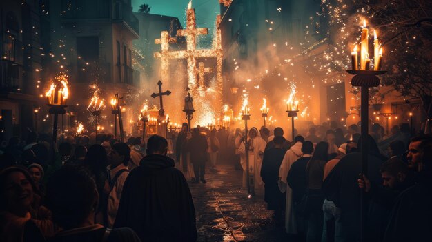 uma procissão religiosa em cruz na Semana Santa