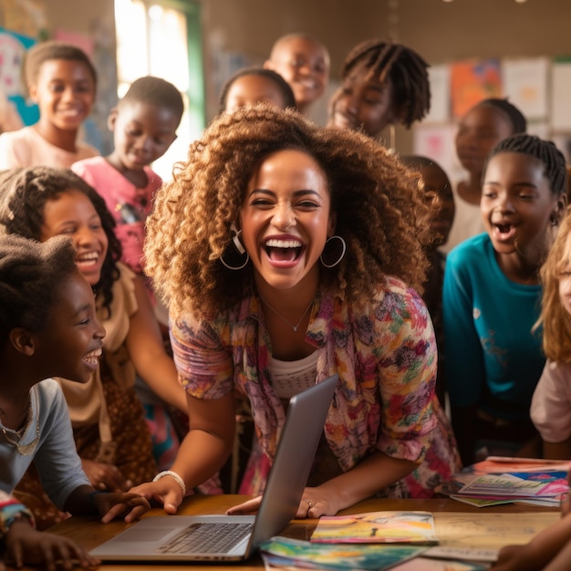 Foto uma professora africana feliz cercada por seus alunos.