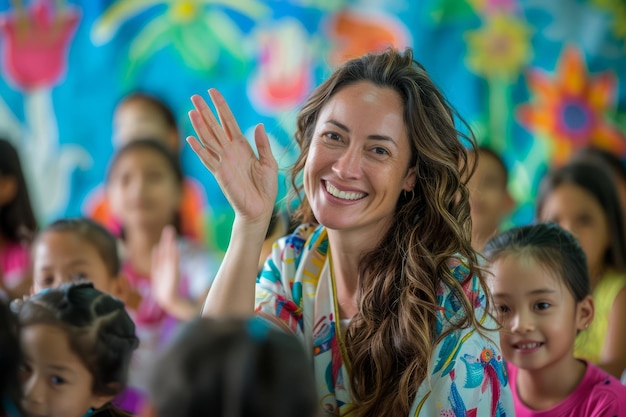 Uma professora alegre acenando em uma sala de aula colorida cheia de crianças felizes e diversas