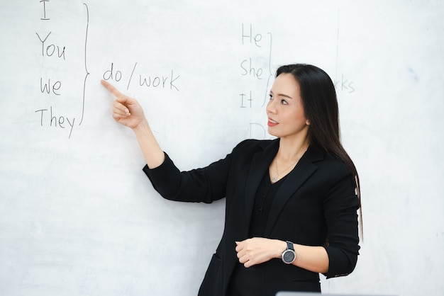 Uma professora asiática de meia-idade em um quadro branco na sala de aula da Universidade