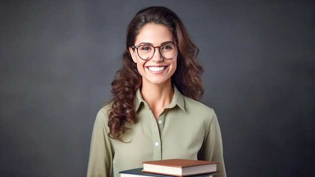 Uma professora bonita e sorridente olhando para as crianças da câmera no fundo da sala de aula.