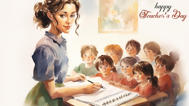 Uma professora está ensinando uma classe de alunos em uma ilustração em aquarela de sala de aula