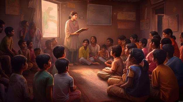 Uma professora está sentada em uma sala de aula com um grupo de crianças em frente a uma janela.