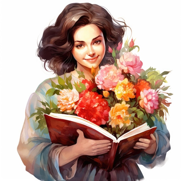 Uma professora linda com um buquê de flores e um livro.