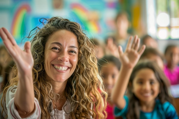 Uma professora sorridente com um gesto de acolhimento em uma sala de aula colorida cheia de crianças felizes e diversas