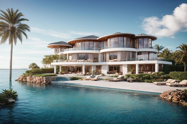 Uma propriedade luxuosa à beira-mar Escape da sua casa de sonho definitiva Inspiração de imagem de luxo para conceito imobiliário Casa moderna ideia de decoração exterior renderização em 3D