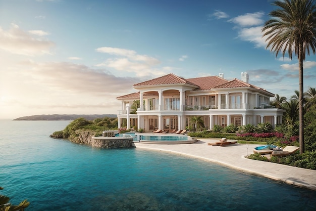 Uma propriedade luxuosa à beira-mar Escape da sua casa de sonho definitiva Inspiração de imagem de luxo para conceito imobiliário Casa moderna ideia de decoração exterior renderização em 3D