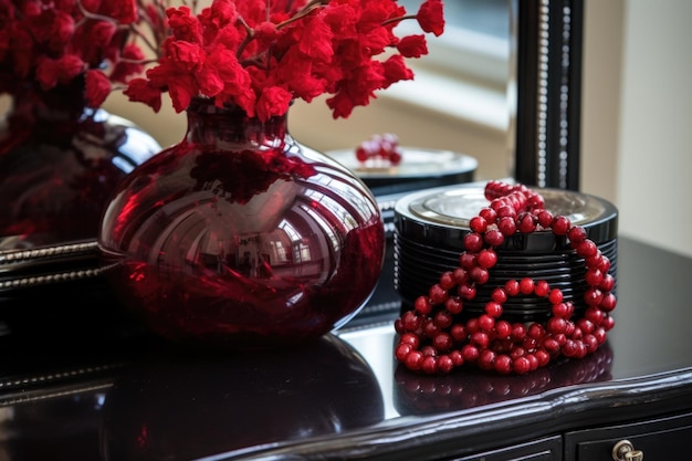 Foto uma pulseira de contas vermelho rubi em uma penteadeira de laca preta
