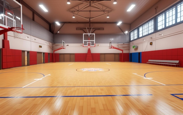 Uma quadra de basquete com uma cesta de basquete e a palavra brooklyn na parede