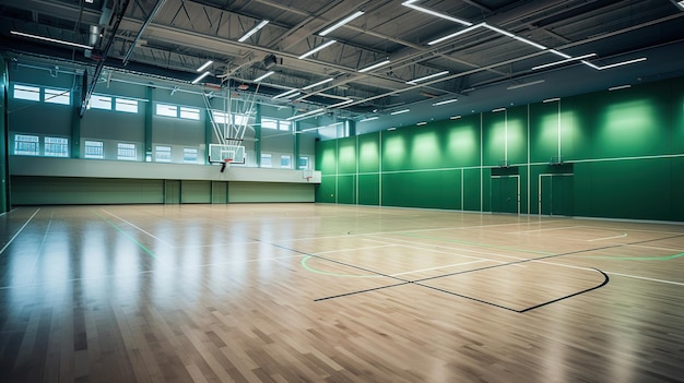 Uma quadra de basquete com uma parede verde e uma cesta de basquete.