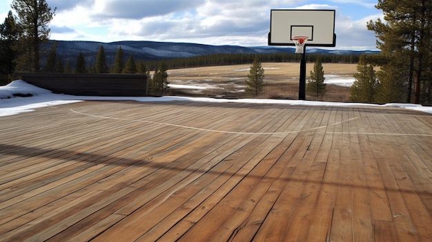 Uma quadra de basquete com vista para as montanhas ao fundo.