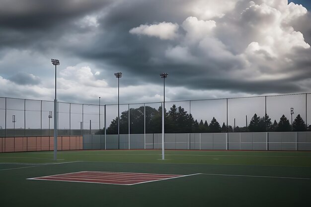 Foto uma quadra de tênis com um céu nublado e árvores ao fundo