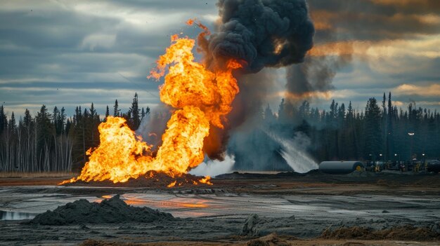 Foto uma queima controlada é utilizada para eliminar os gases em excesso produzidos durante a extracção de areias petrolíferas