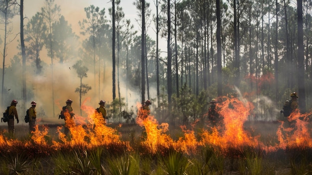 Uma queima controlada realizada por bombeiros para gerenciar os ecossistemas florestais e reduzir o acúmulo de combustível, ilustrando medidas proativas para prevenir incêndios florestais catastróficos