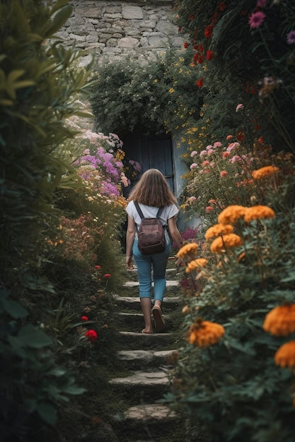 Uma rapariga a caminhar por um caminho entre as flores.