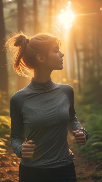 Uma rapariga a correr na floresta.