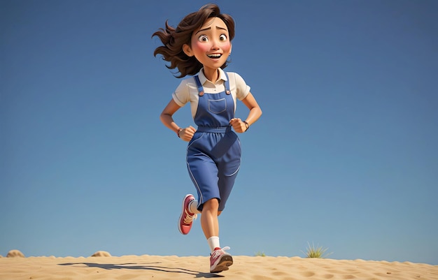 Uma rapariga a correr no deserto.