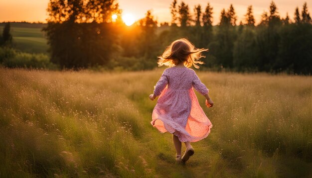 Uma rapariga a correr num campo com o sol a pôr-se atrás dela.