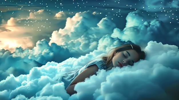Uma rapariga a dormir nas nuvens