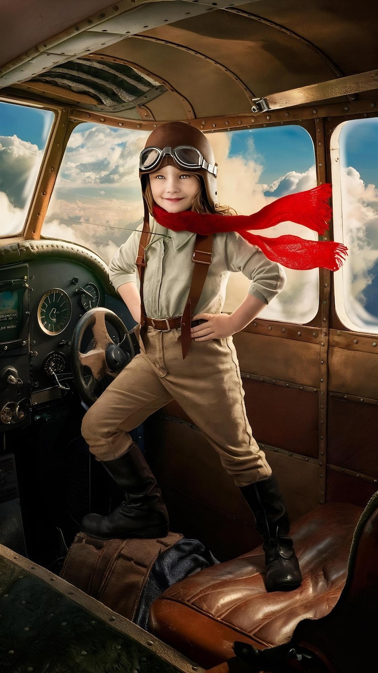 Foto uma rapariga a fazer de aviadora.