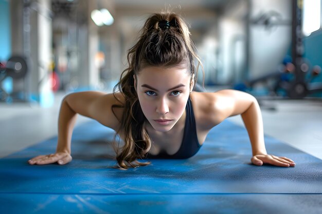Uma rapariga a fazer flexões no ginásio a olhar a sério para a câmara.