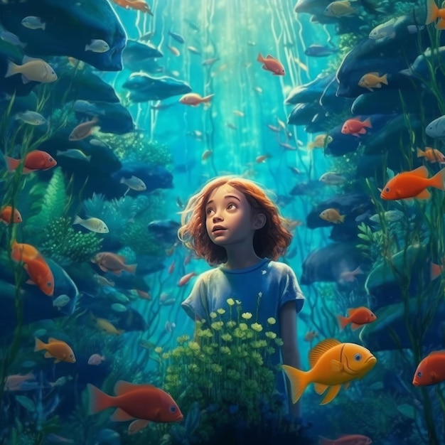 Uma rapariga a mergulhar no oceano, cercada de peixes.