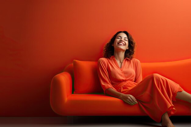 Uma rapariga a rir num sofá laranja