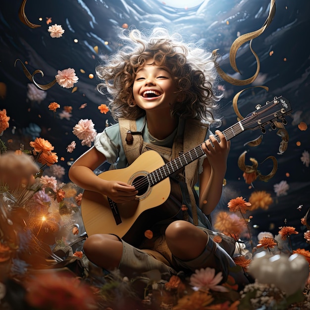 Foto uma rapariga a tocar guitarra e a sorrir com flores à sua volta.