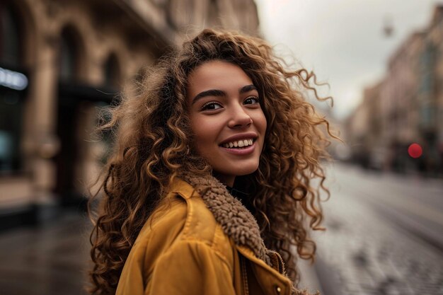 Uma rapariga adorável com o cabelo encaracolado a andar pela rua e a olhar em volta com um sorriso.