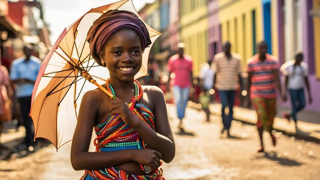 Uma rapariga africana numa cidade de verão