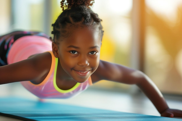 Uma rapariga afro-americana adorável e sorridente a fazer flexões no tapete do ginásio. Conceito de desenvolvimento físico da criança.