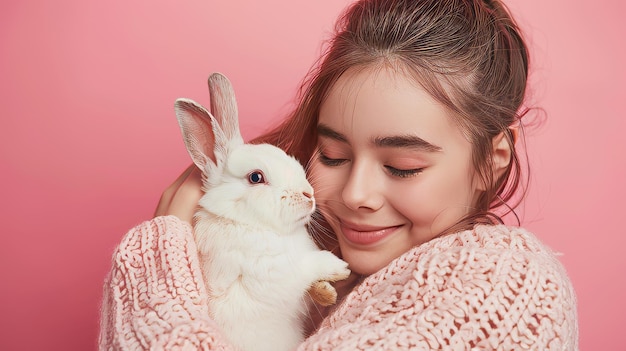 Uma rapariga alegre a aconchegar-se com um coelho branco fofinho