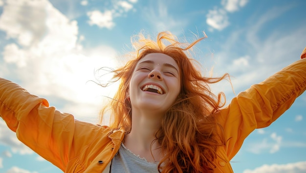 Uma rapariga alegre com o cabelo a voar no vento o conceito de liberdade e felicidade