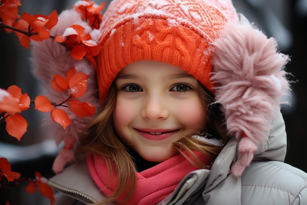 Uma rapariga alegre com um chapéu vermelho elegante, radiante de felicidade e com um sorriso encantador.