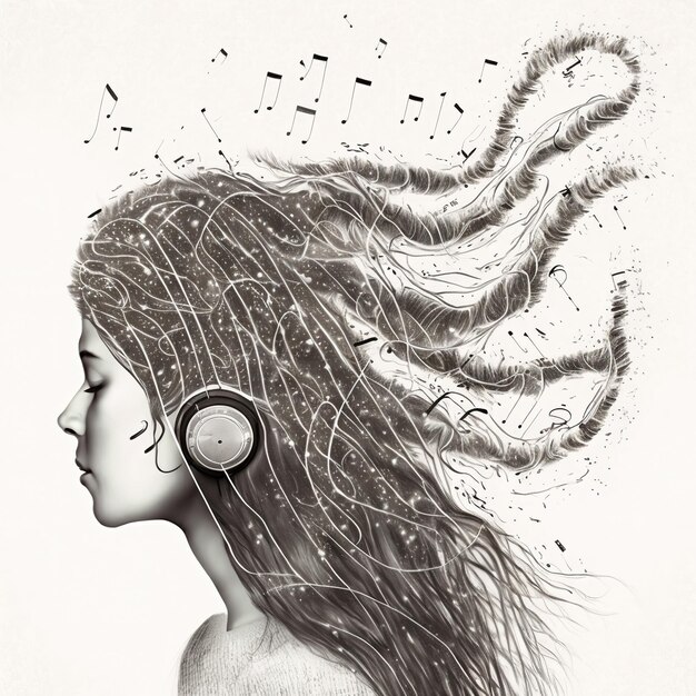 Uma rapariga apaixonada por música com fones de ouvido e cabelo encaracolado em dupla exposição.