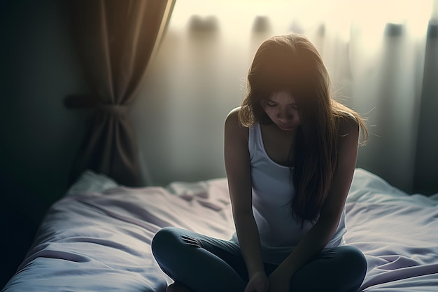 Uma rapariga asiática a sentir-se triste e sozinha no quarto sob uma luz fraca.