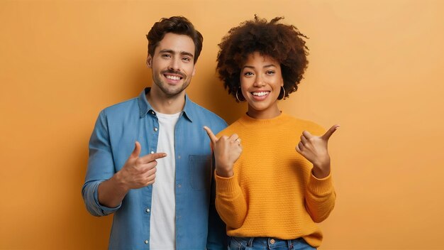 Uma rapariga atraente sorridente e um rapaz a apontar os dedos para a esquerda no banner.