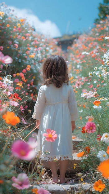 Foto uma rapariga bonita a caminhar pelas escadas, as escadas atmosféricas, num campo de flores e o céu limpo.