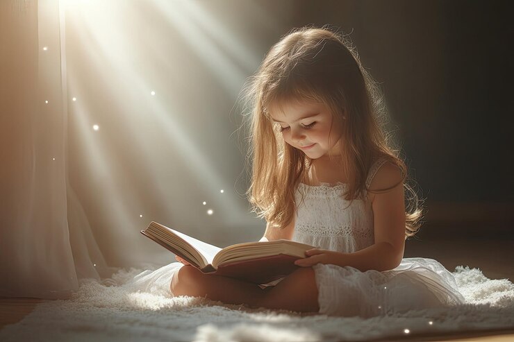 Foto uma rapariga bonita a ler um livro sentada no chão.